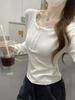 Korean Autumn Slim-Fit Square Neck Lace Trim Long-Sleeved Cashmere T-Shirt for Women