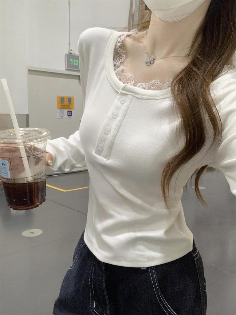 Korean Autumn Slim-Fit Square Neck Lace Trim Long-Sleeved Cashmere T-Shirt for Women
