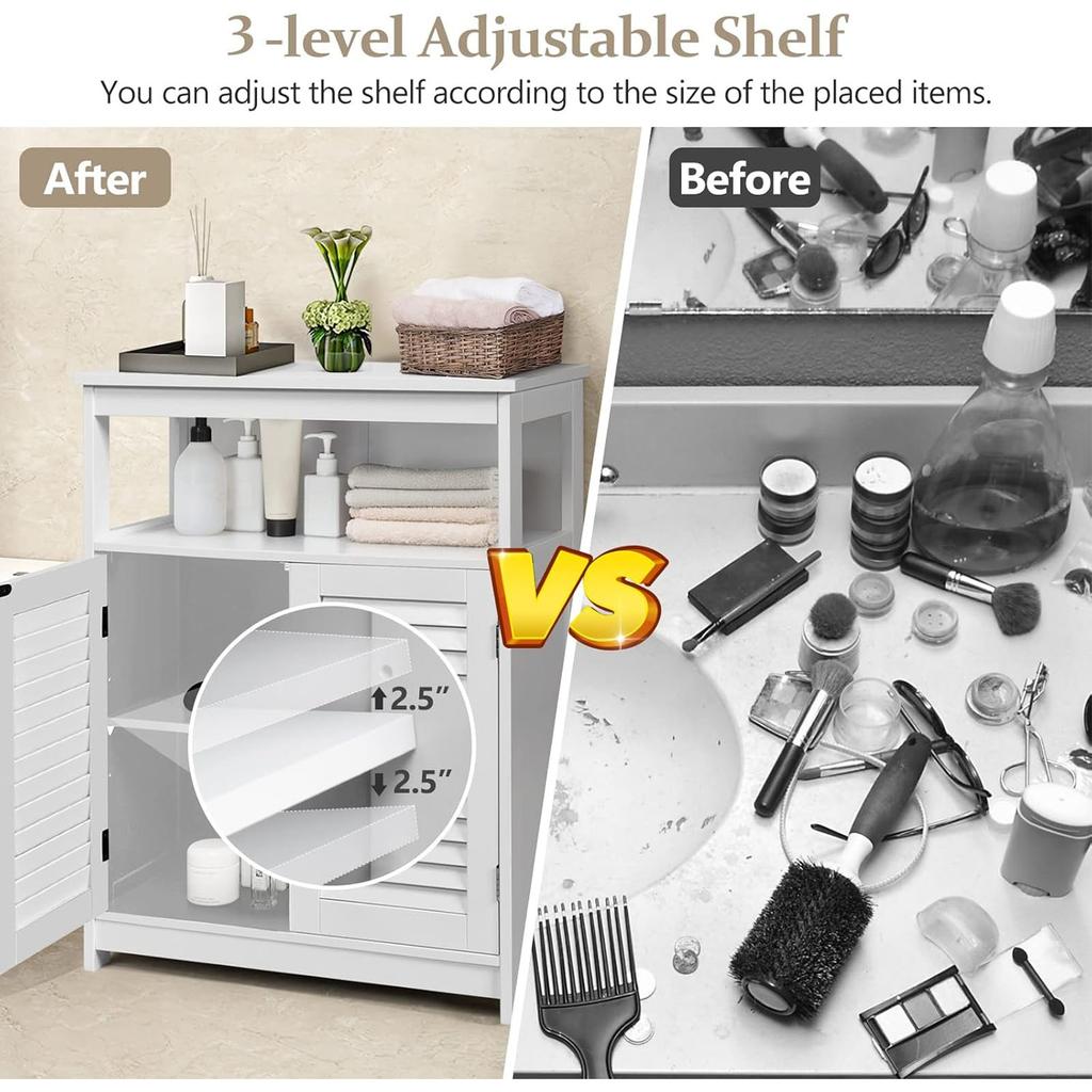 Bathroom Storage Cabinet White Water Proof Wooden Freestanding Cabinet with Removable Shelf Shutter Doors for Home Hotel