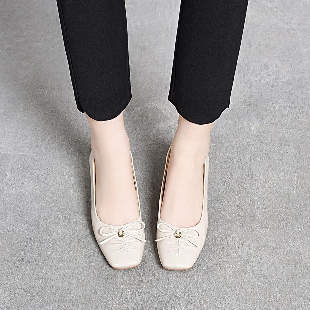 Bow Light Mouth Single Shoes Simple Temperament New Middle Heel Women's Shoes First Layer Cowhide Four Seasons Small Leather Shoes