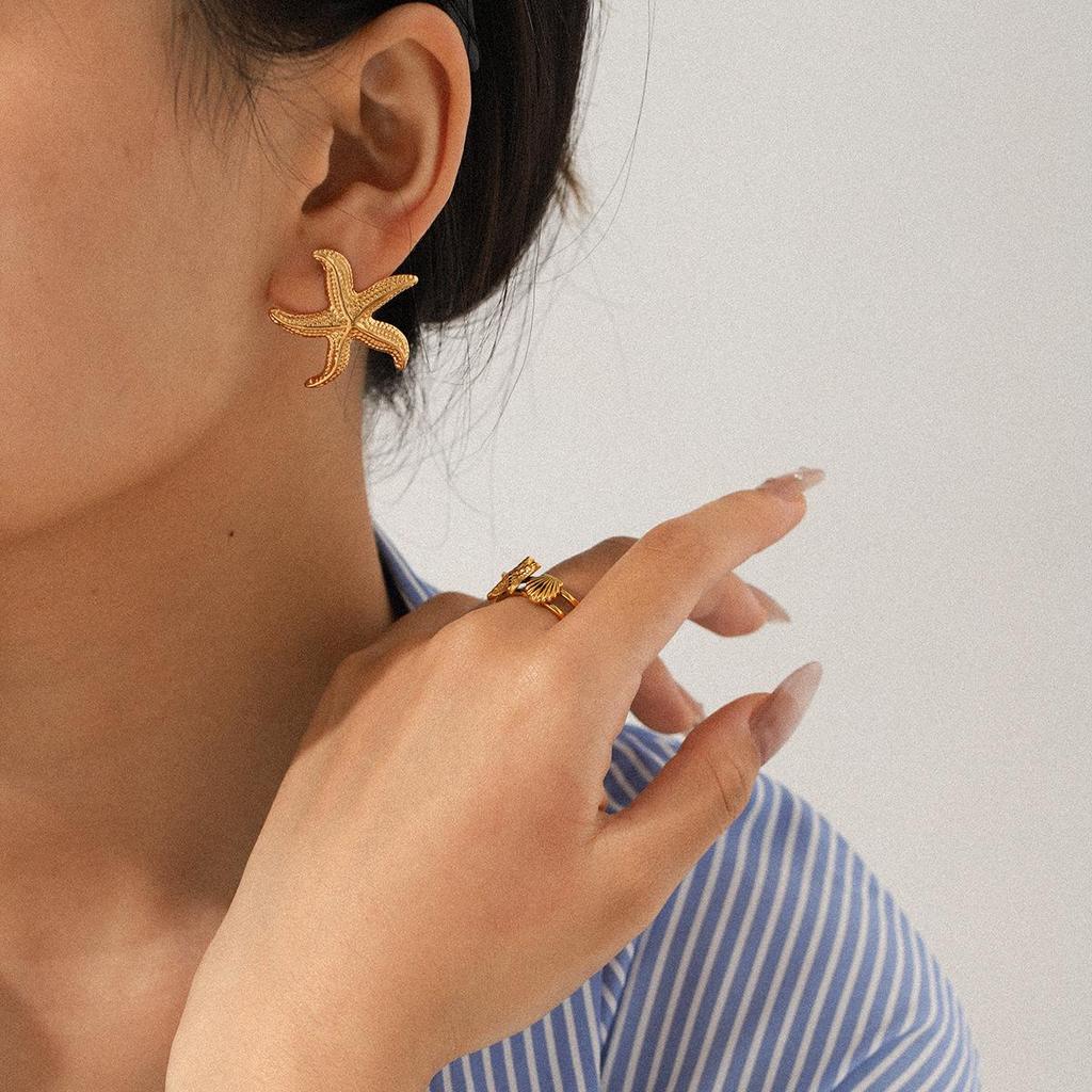 Ocean Series Starfish & Shell Jewelry: Stainless Steel Ring, Bracelet & Colorblock Earrings