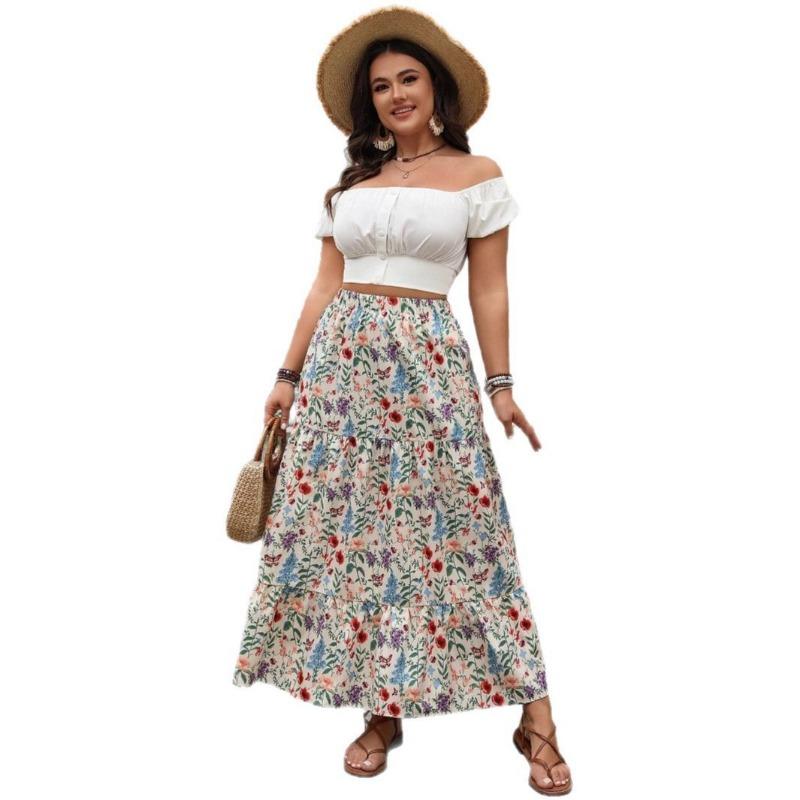 Women's Spring and Summer Leisure Vacation Skirt Big Flower Garden Style Skirt