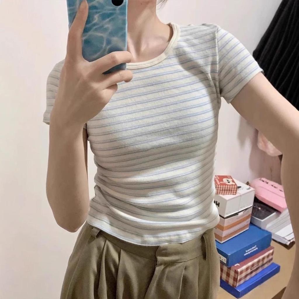 Damen Gestreiftes Kurzarm T-Shirt im Koreanischen Stil – Slim Fit, Süßes und Würziges Sommeroberteil