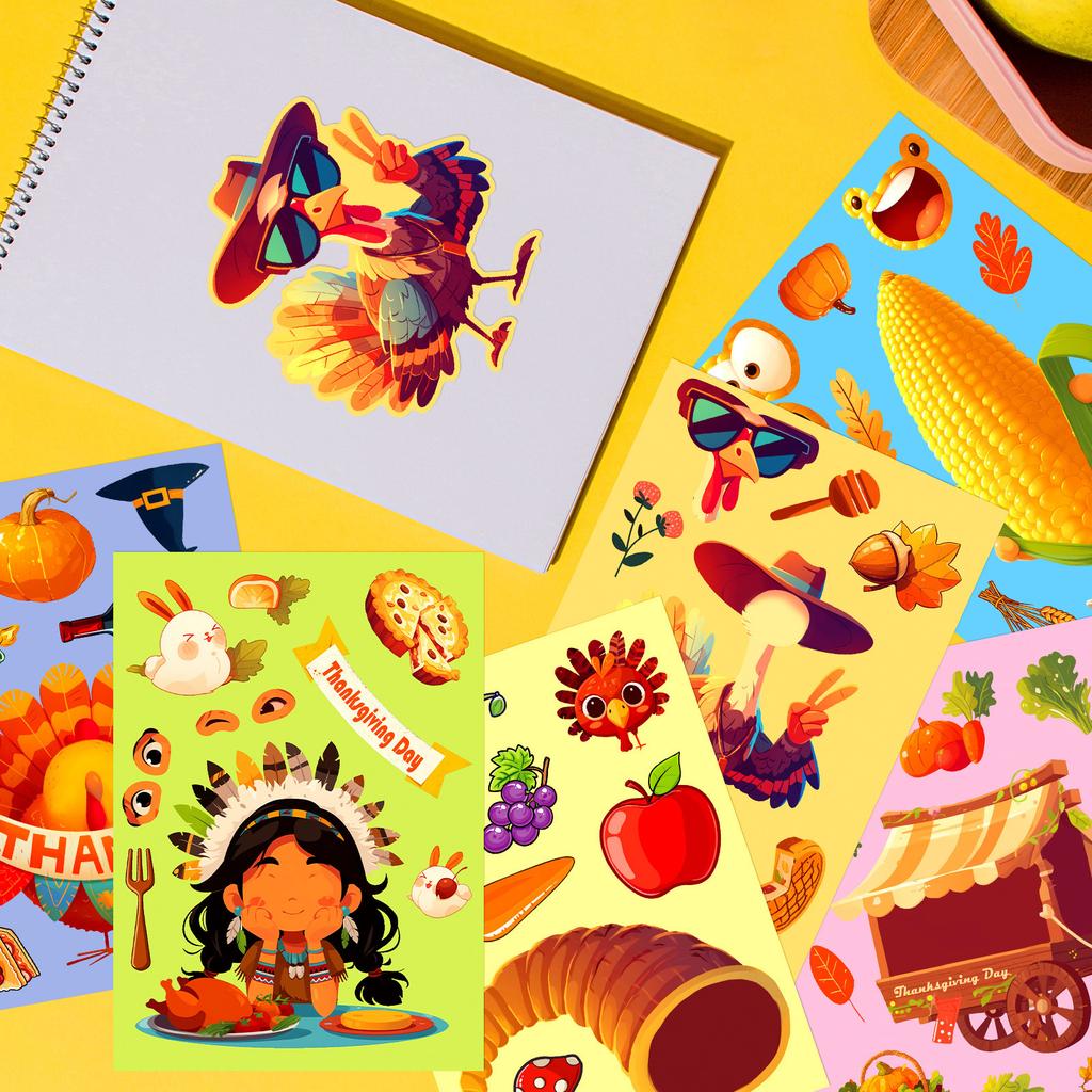 6 Photos/pack Thanksgiving Themed Puzzle Stickers Turkey Corn Festival Celebration DIY Face Swap Stickers