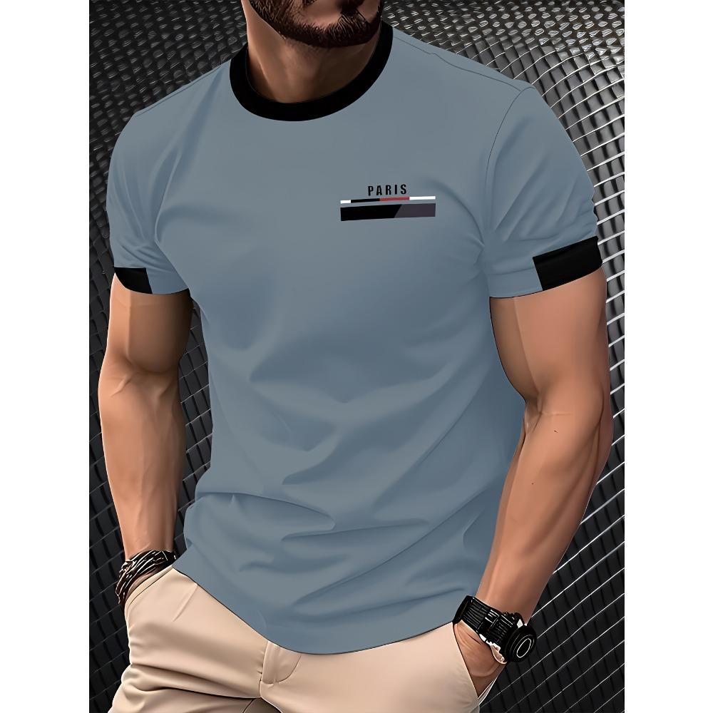 Men's 3D printed short sleeved T-shirt with color blocked striped pattern, breathable and lightweight fabric, casual men's streetwear top