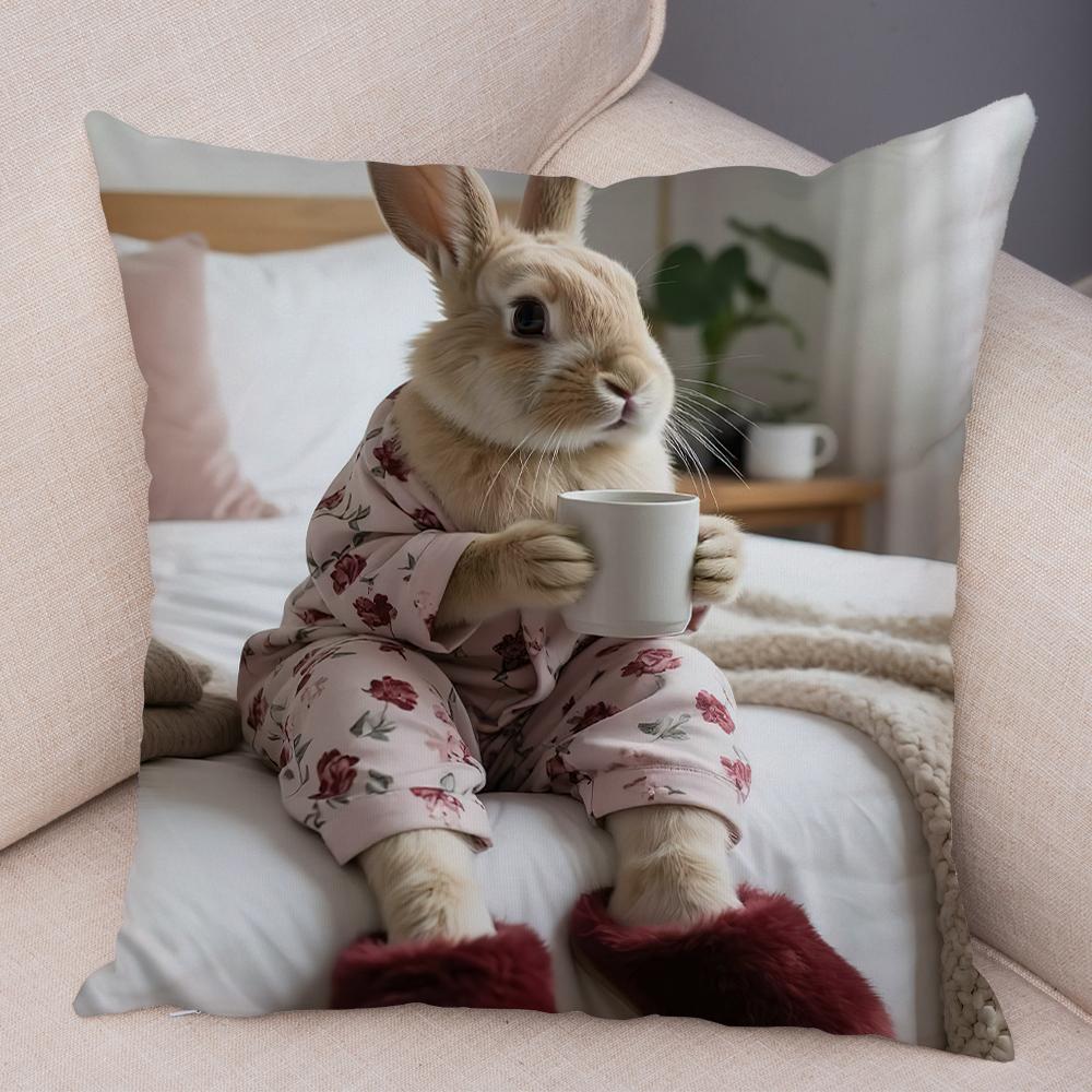 Realistic Cute Fluffy Bunny Print Throw Pillow Cover Soft Gentle Skin Touch Warm Tone Sofa Bedroom Home Decor Present