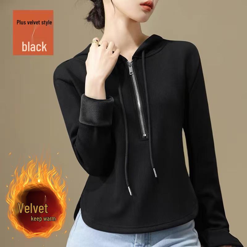 Women's Black Half-Zip Fleece Hoodie - Thickened Hooded Base Layer for Autumn/Winter 2025