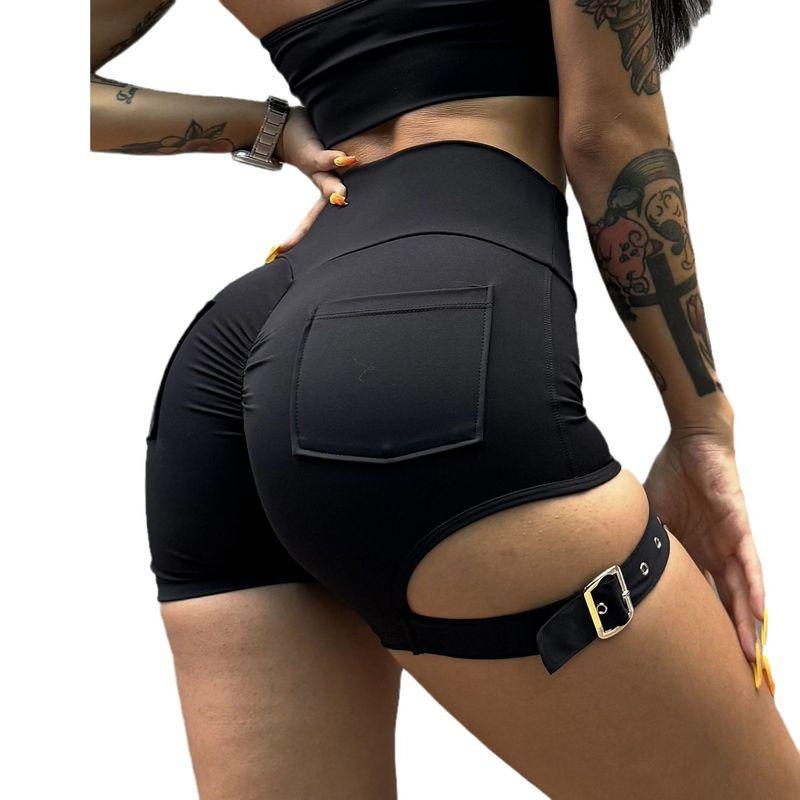 Fashion Cool Hip Slimming Fitness Shorts Adjustable Buckle Sexy Sports Peach Hip Yoga Pants Pocket Training Tights