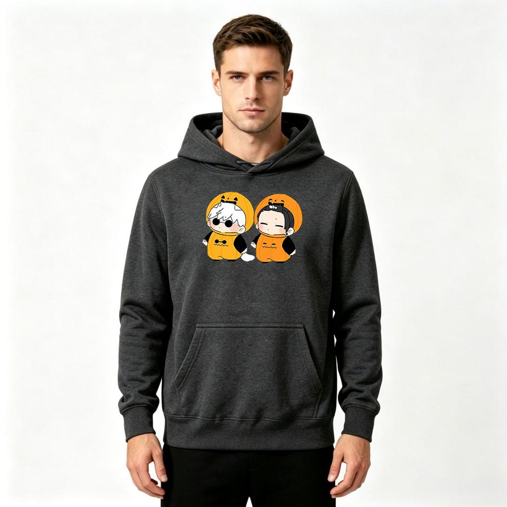 Men's Pumpkin Cartoon Anime Print Pullover Hoodie Casual Long Sleeve Halloween Sweatshirt
