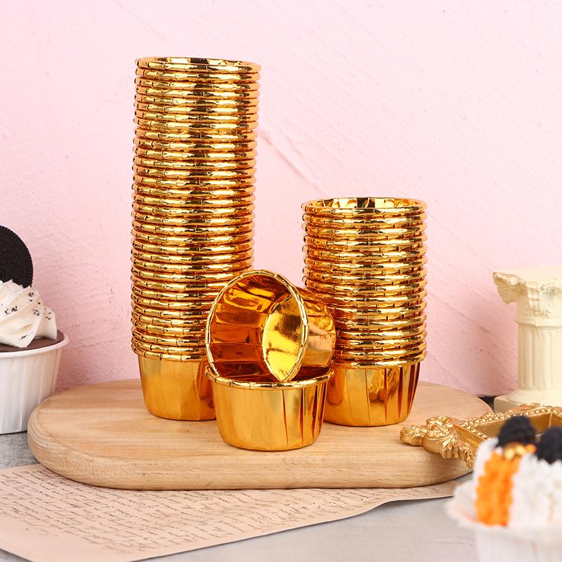 50 bucăți mini folie pentru cupcake, hârtie de ambalaj pentru cupcake, cești de copt auriu, argintiu