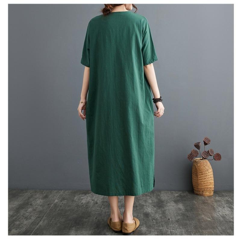 Summer New Cotton and Linen Artistic Retro Pullover Buckle Dress A-line Long Skirt