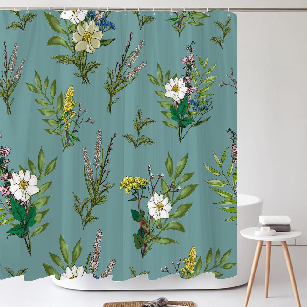 Grüne Pflanze Blatt Blume Duschvorhang, Moderner Nordic Minimalistischer Duschvorhang Polyester Stoff Badezimmervorhang für Badezimmer Dekor