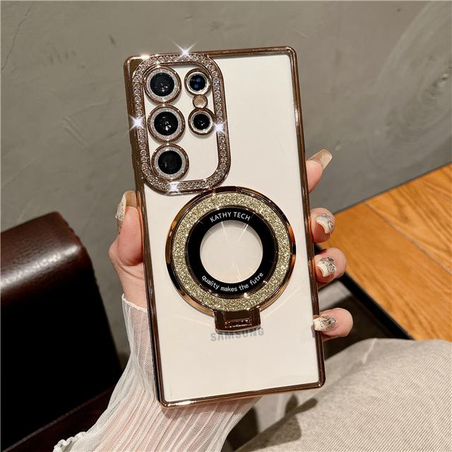 For Samsung Galaxy S25Ultra Luxury Flash Diamond Plating Frame Glitter Stand Holder Phone Case For Samsung S22 S23 S24Plus Cover