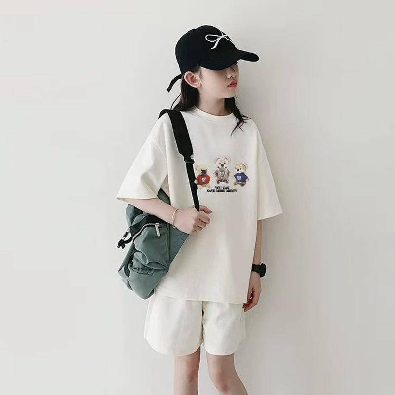 Children Set Girls Clothes Sport Tracksuit Teenager Bear Letter T-shirt + Shorts Hot Pant 4 -12 Years