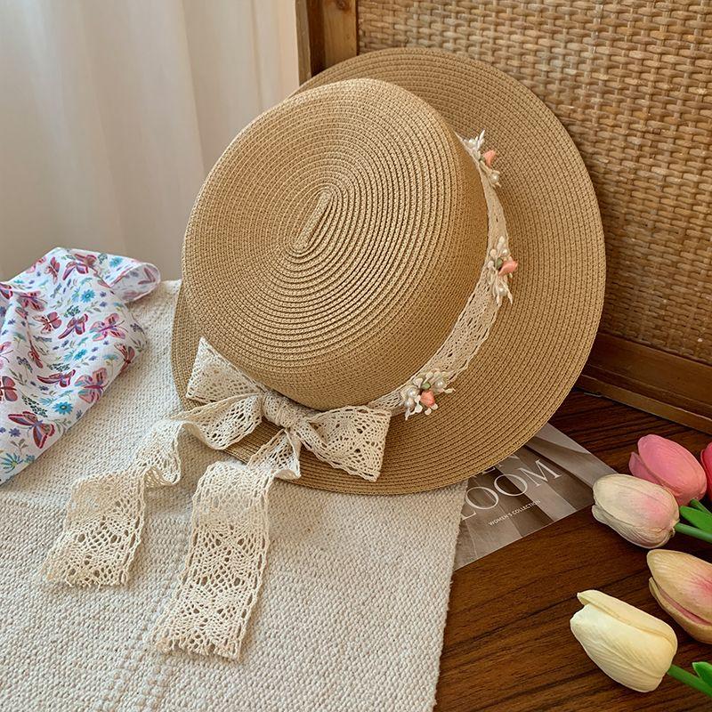 Butterfly Knot Flat Top Straw Hat for Women's Summer New Flower Lace Hat for Beach Shading and Sun Protection Straw Woven Hat