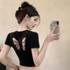 Hollow Bow Embroidery Front Shoulder Short Sleeve T-Shirt Women's Summer Navel Short Slim Skinny Spice Girl Top
