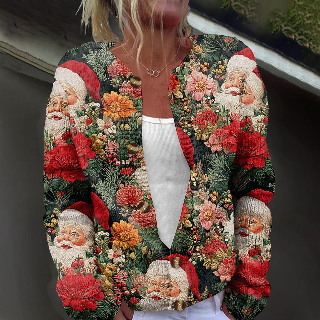 Women's Fashion Christmas Printed Long Sleeve Knitted Cardigan Button Down Jacket