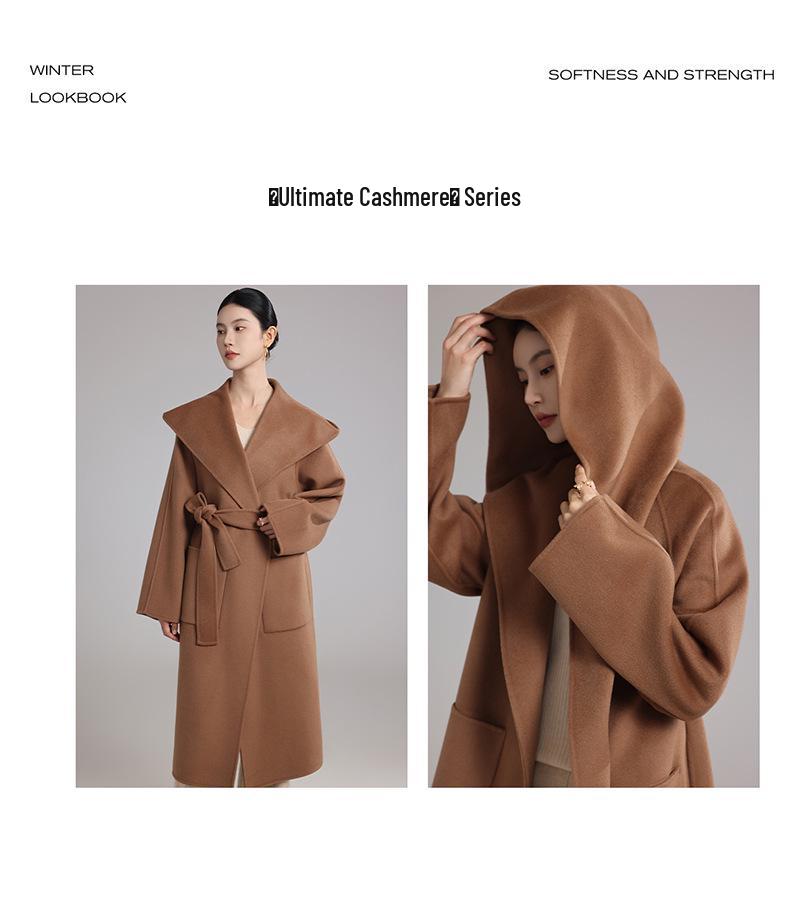 High-End Extra Long Double-Faced Wool Coat: Hooded, Tie-Waist, Light Luxury Casual Silhouette with Cashmere
