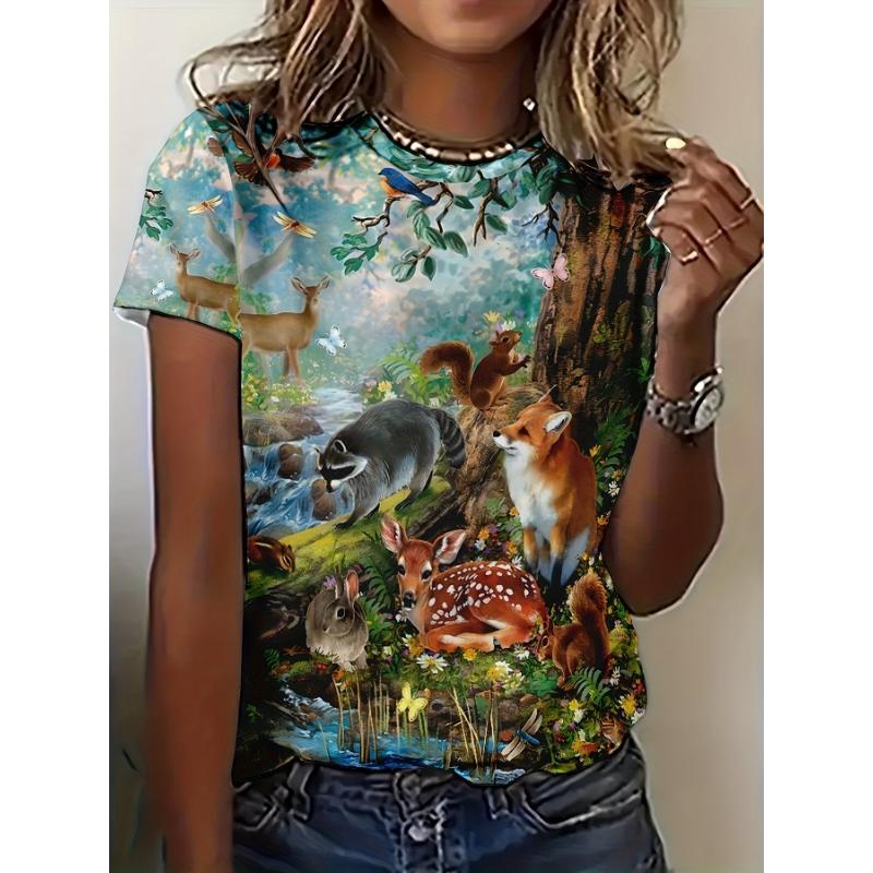 

Урожай футболка жіноча літня круглим вирізом тваринного друку випадкові вільні 3D футболки елегантні короткі рукави Y2k топи Camisas Mujer L