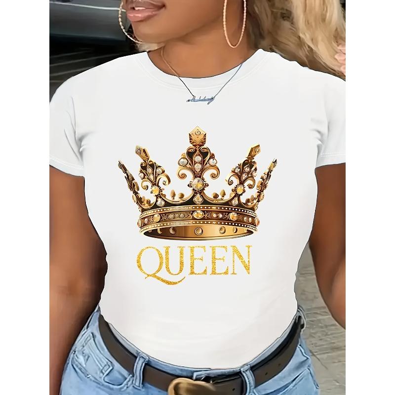 Womens Queen Crown Print Round Neck Short Sleeve T Shirt Medium Stretch Fabric Machine Washable Casual Semi Formal All Season Top