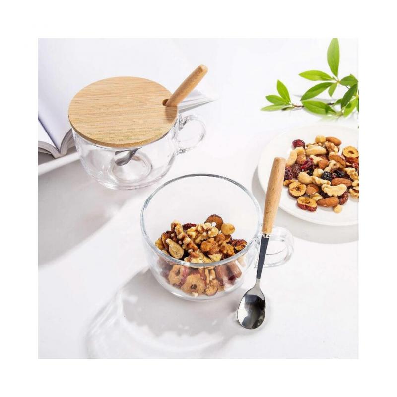 Glass Cup Clear Coffee Mug with Lids Spoon for Breakfast Tea,Milk,Beverage,Oats,yoghurt