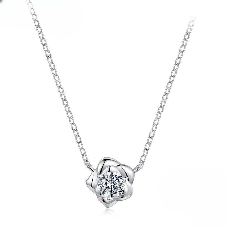 Moissanite Rose Flower Pendant Necklace Sterling Silver Round Cut Diamond O-Chain for Women Valentine's Day