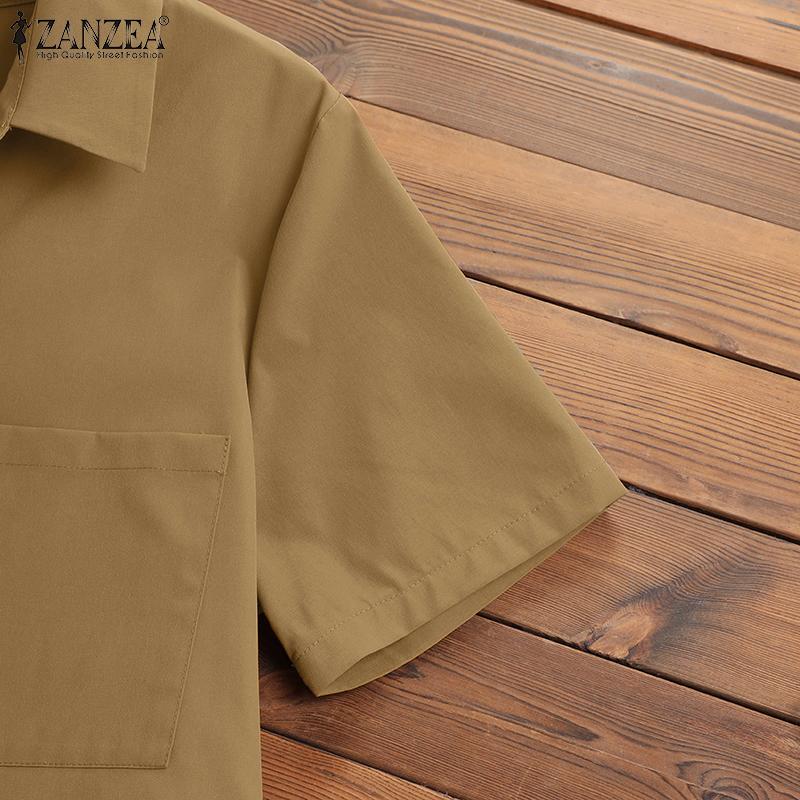 ZANZEA Vestido camisero casual de manga corta con cuello vuelto para mujer