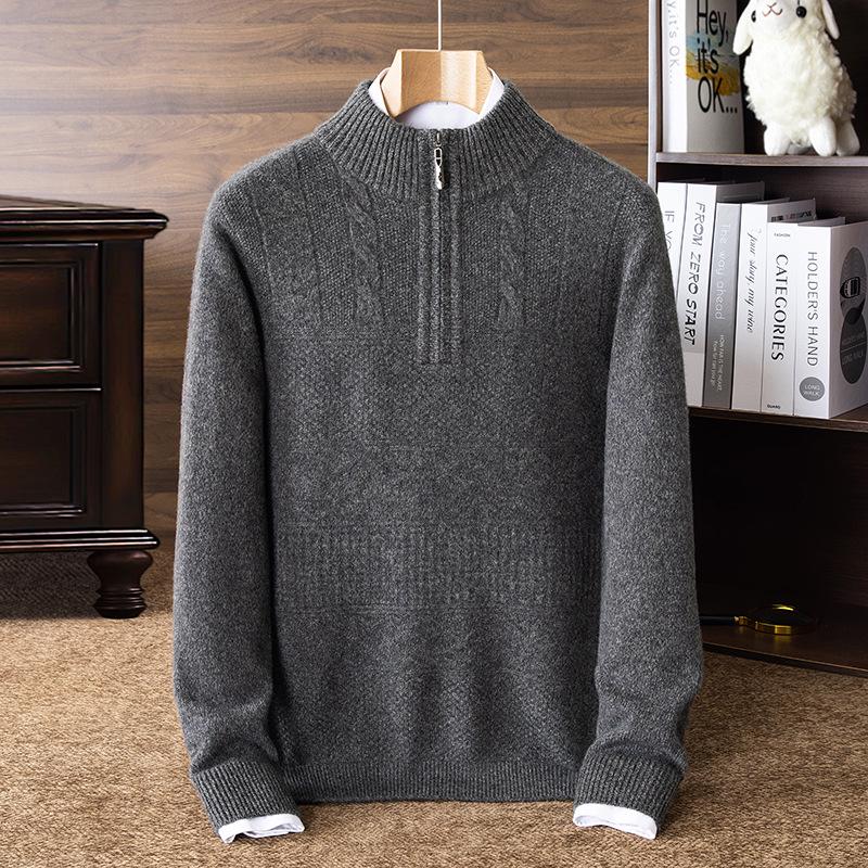 Herren-Strickpullover aus reiner Wolle, dick, für Herbst & Winter, mit halbem Reißverschluss