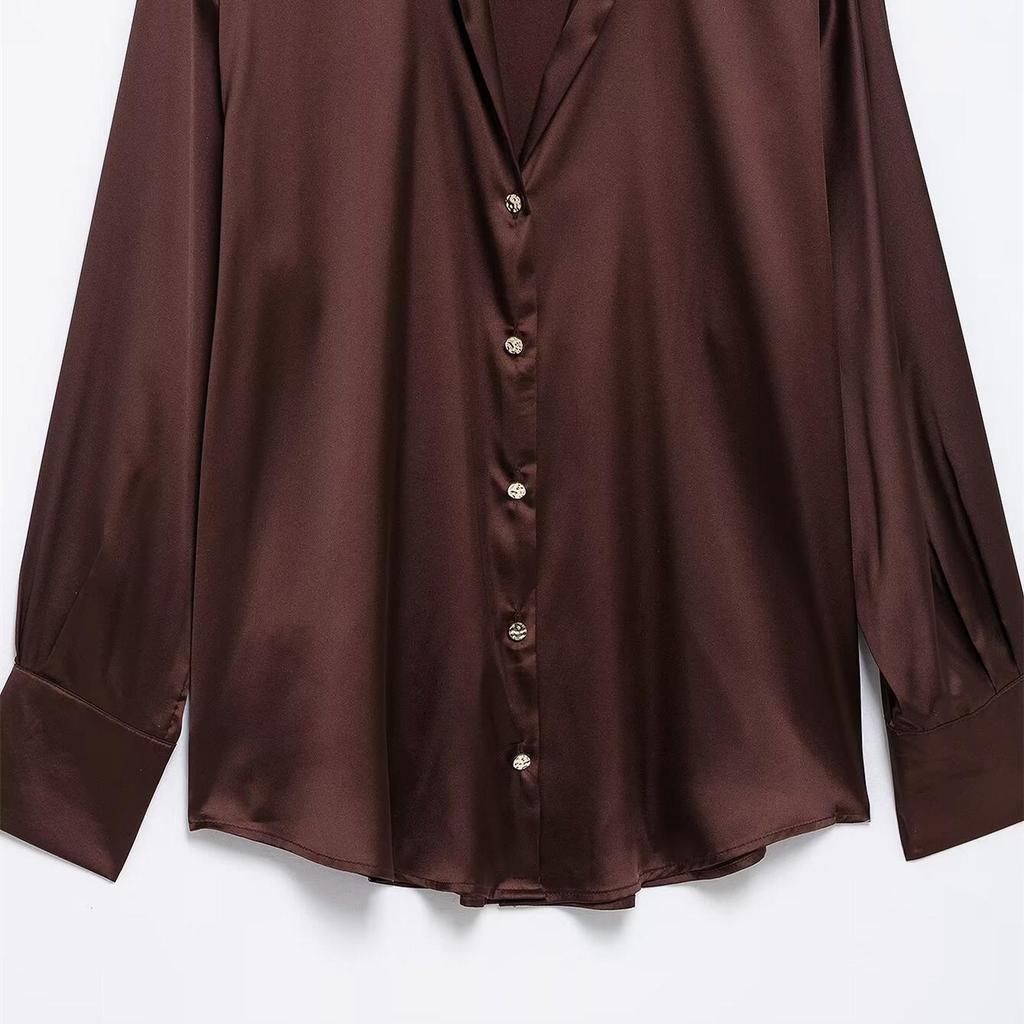 2025 Spring Women's Elegant Silk Satin Lapel Shirt - Casual, Loose Fit