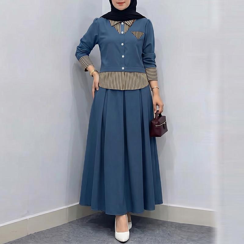 ZANZEA Women Long Sleeve Patchwork Blouse and Long Skirts Casual Two Piece Suit Sets