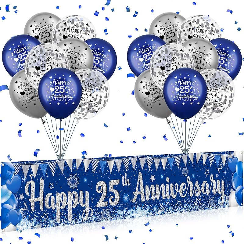 Blue Happy Anniversary Decorations for Men Women, Silver Blue Happy Anniversary Banner and 18pcs Balloons Party Decor for Wedding Anniversary Happy 25th Anniversary