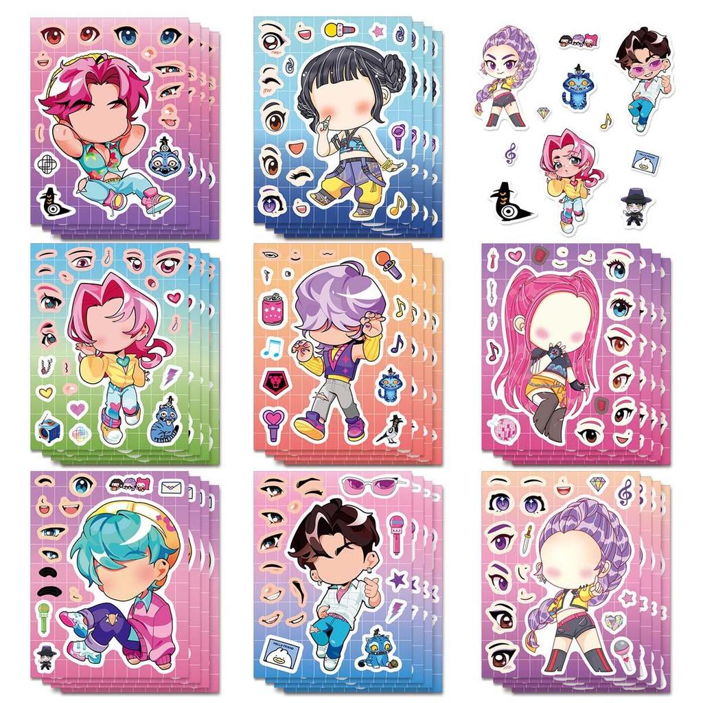 8PCS/PACK K-pop Demon Hunter Sticker Set, DIY Make a Face Puzzle Sticker, Waterproof Vinyl Decals for Notebook Phone Laptop Skateboard