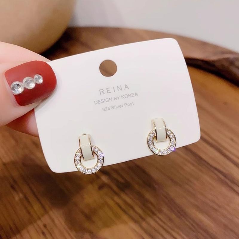 

Korean White Drip Oil Circular Stud Earrings for Women Exquisite Sparkling Crystal Geometric Round Earrings Party Jewelry Gifts
