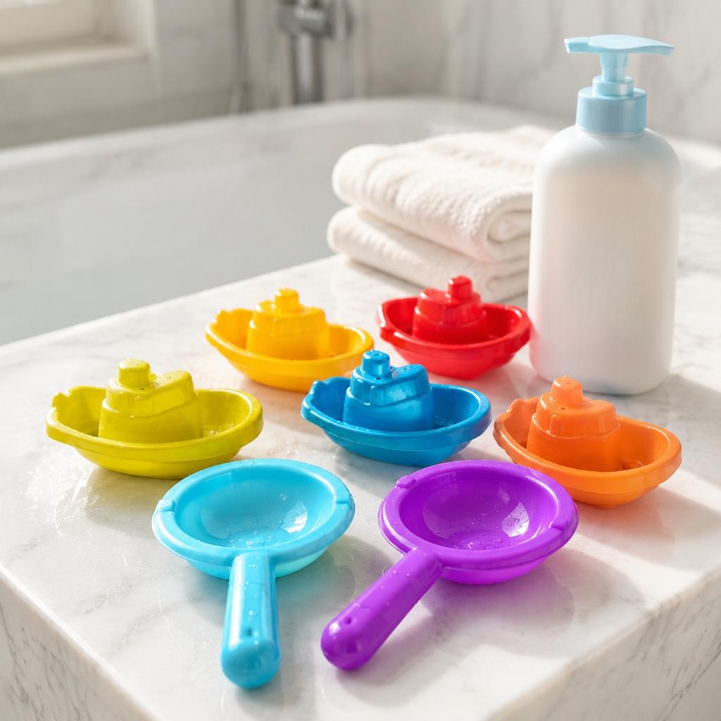 7 Piece Bath Toy Set with Floating Boats and Water Scoops for Toddlers and Infants Durable Plastic Construction for Water Play