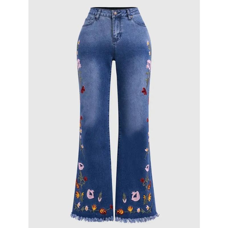 Elastic Embroidered Elegant Temperament Flared Jeans Women's Fashion Comfortable Slim Fit Mid Waist Jeans Women