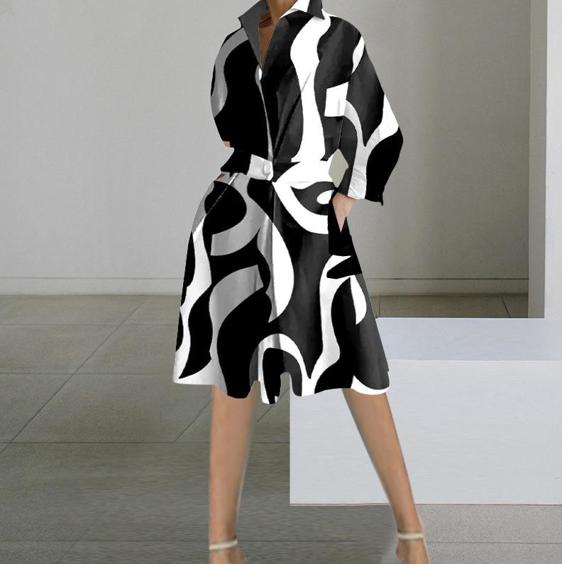 Autumn New Fashion Long-sleeved V-neck Printed Medium and Long Dress Women's Clothing