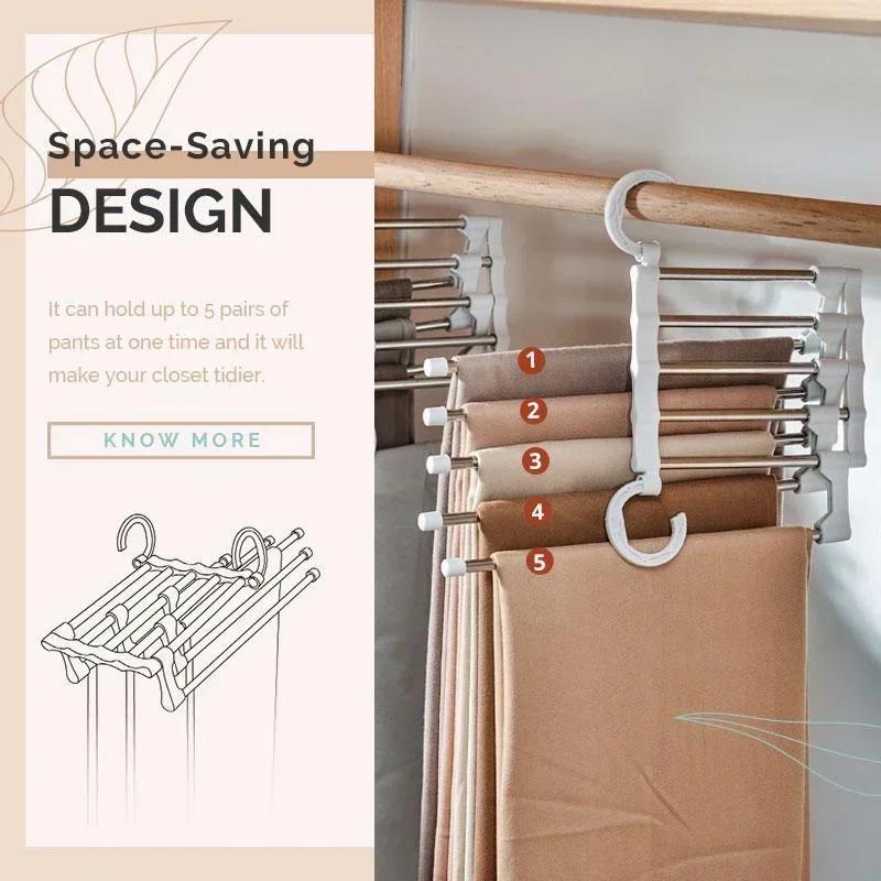5 In 1 Magic Trouser Rack Hangers Stainless Steel Folding Pant Rack Tie Hanger Shelves Bedroom Closet Organizer Wardrobe Storage