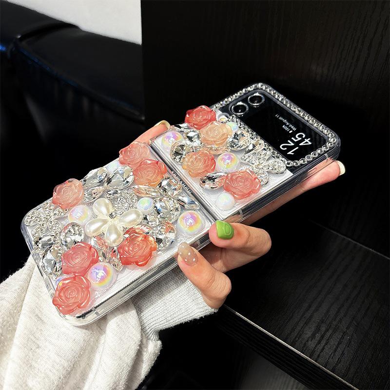 Luxury Rhinestone Pearl Flower Phone Case for Samsung Z Flip 8/7/6 Fold