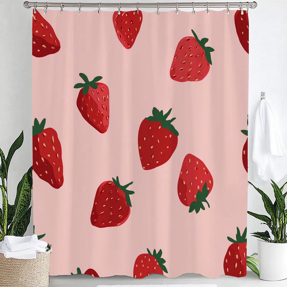 Small Fresh Fruit Strawberries Printed Shower Curtain Bathroom Curtain,Hanging Curtain With 12 Hooks Decoration Machine Washable