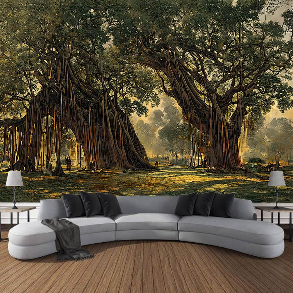 Ancient tree landscape tapestry, retro oil painting wall hanging, Bohemian home art decoration, living room and bedroom tapestry