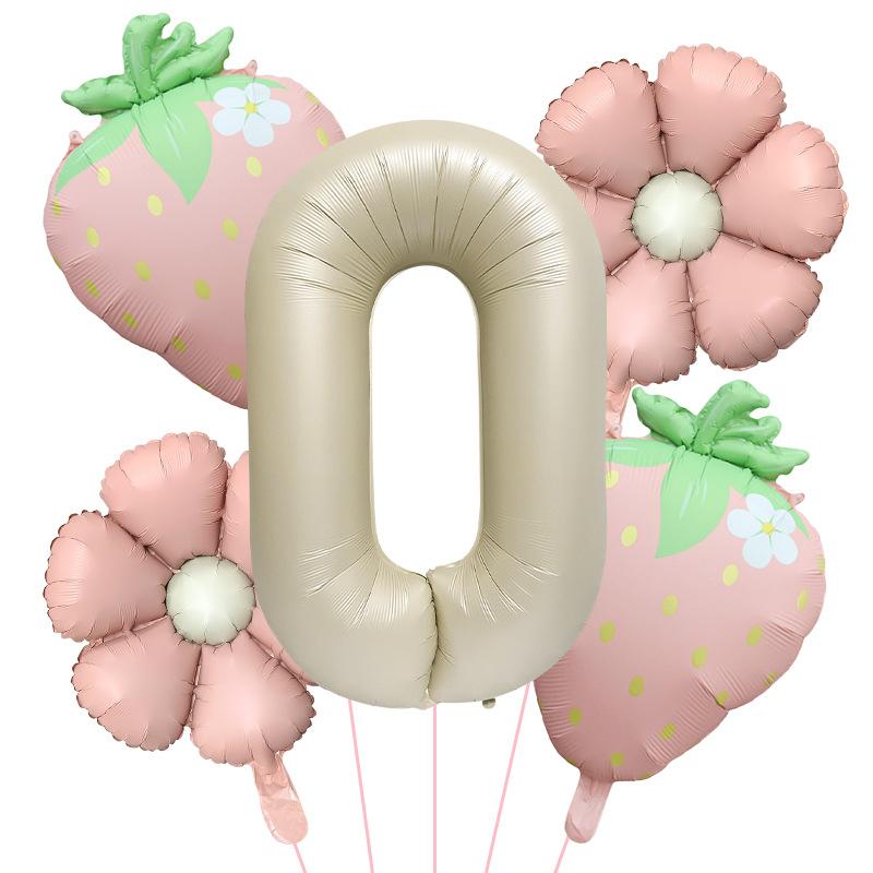 5Pcs Matte Milk White Fruit Strawberry Flower Foil Balloon with 32inch Number Balloon Berry First Birthday Summer Party Supplies