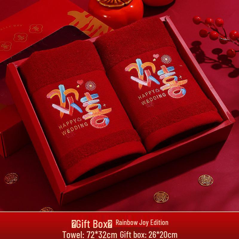 Red Wedding Towel Pair with Festive Gift Bag - Dowry Face Washing Souvenir