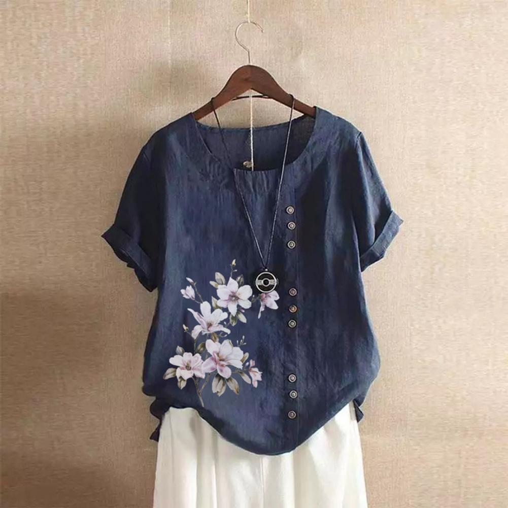Women Summer T-shirt Round Neck Short Sleeve Flower Print Tee Shirt Buttons Decor Loose Fit Casual Tops Daily Wear