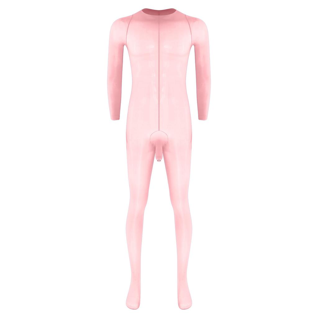 Herren Glänzender Fußbodysuit Jumpsuit Rundhalsausschnitt Langarm Scheide Öffnung Sehr Dehnbar Glänzend Nachtwäsche