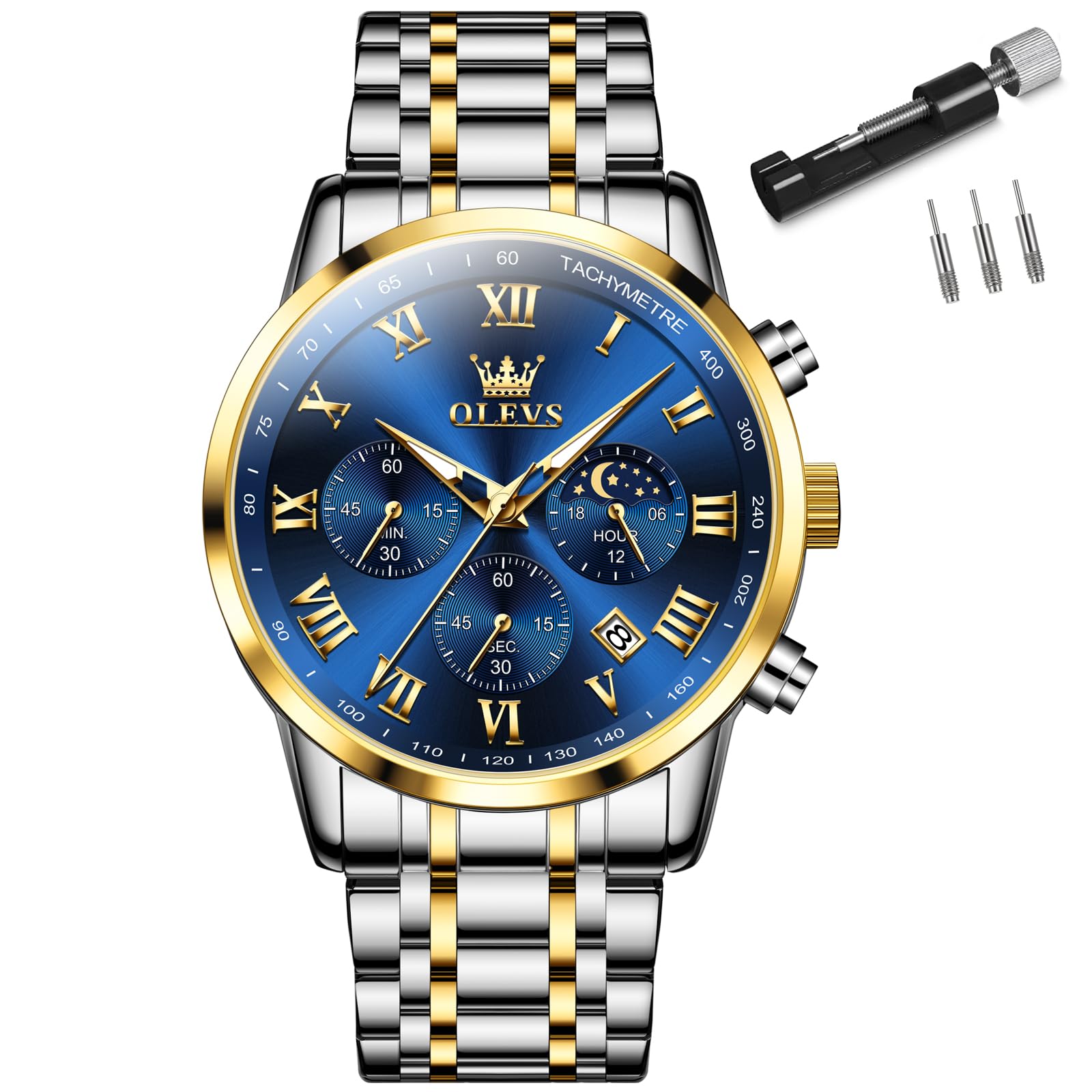 Silver Analog Business Metal Date Large Roman Olevs Moon Gift Men s Watch, & Gold, Popular, Waterproof, Quartz, Watch, Blue, Stylish, Band, Men s
