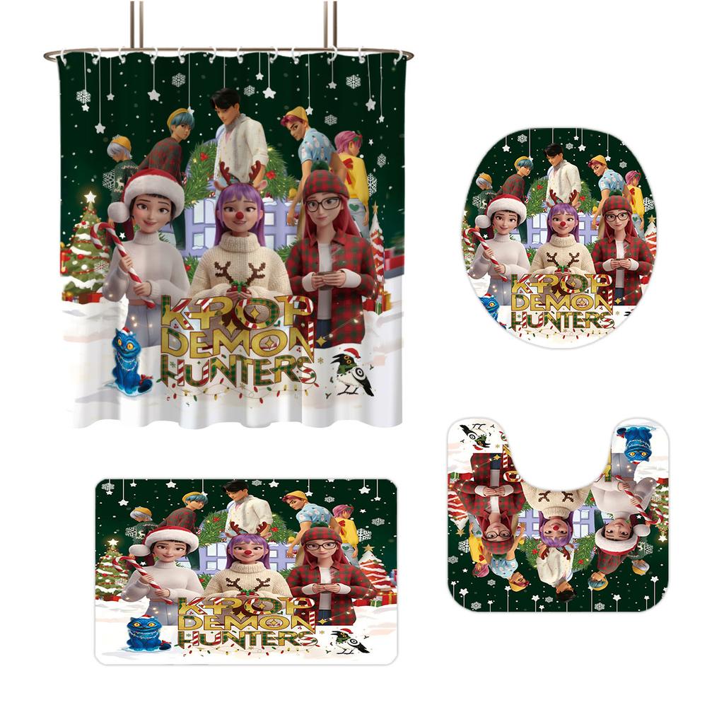 4Pcs Christmas K-Pop Demon Hunters Print Bathroom Set 180X180 Waterproof Shower Curtain Floor Mat, U-Shaped Mat, Toilet Seat Mat