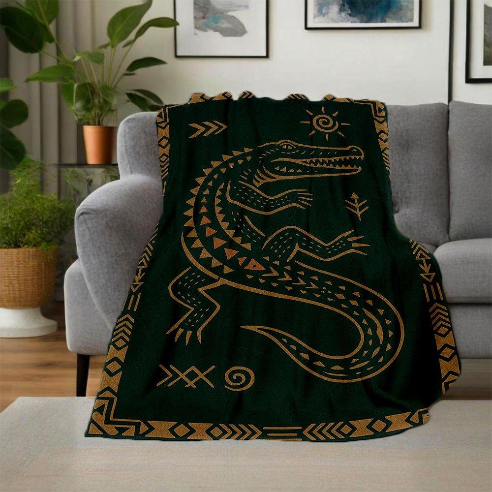 Golden Crocodile Rug with Ethnic Patterns - Unique Home DecorBlanket Flannel Throw Blanket for Sofa, Bed, Travel, Camping, Office, Couch, Ch