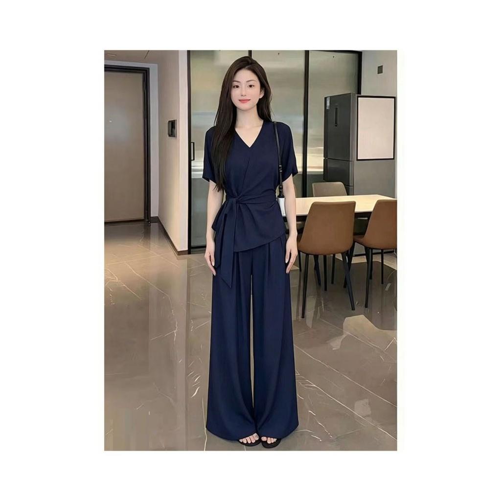 Women's V Neck Short Sleeve Loose Fit Top High Waist Wide Leg Pants 2-Piece Set