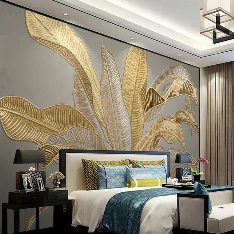 Fototapet 3d Stereo Gyllene Relief Bananblad Mural Vardagsrum Abstrakt Väggmålning 3d Fresk