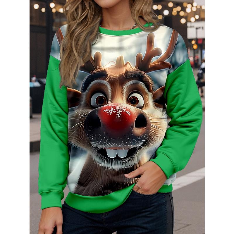 Women's Sweatshirt Casual Polyester Reindeer Street Dailywear Crew Neck Print Long Sleeve Denim Blue Wine Blue Green Fall Winter